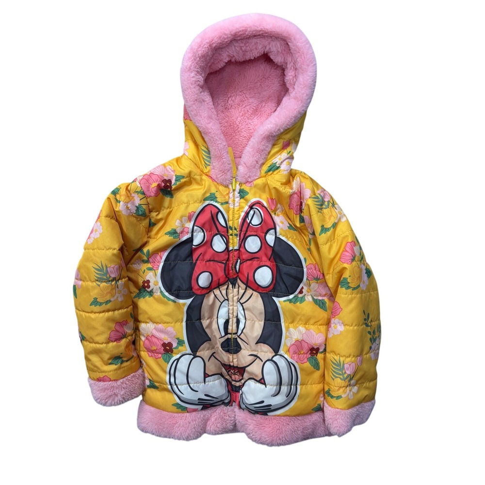 Disney Junior Puffer Jacket Size 5 Minnie Mouse Yellow Pink Reversible Floral